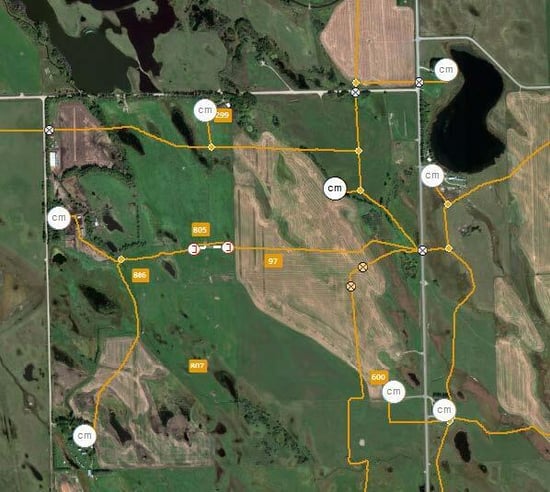 GIS map showing pipeline corridors and network connections across a rural landscape