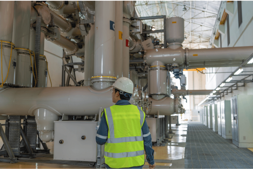 Worker in safety gear walking through an industrial facility with large pipes and equipment