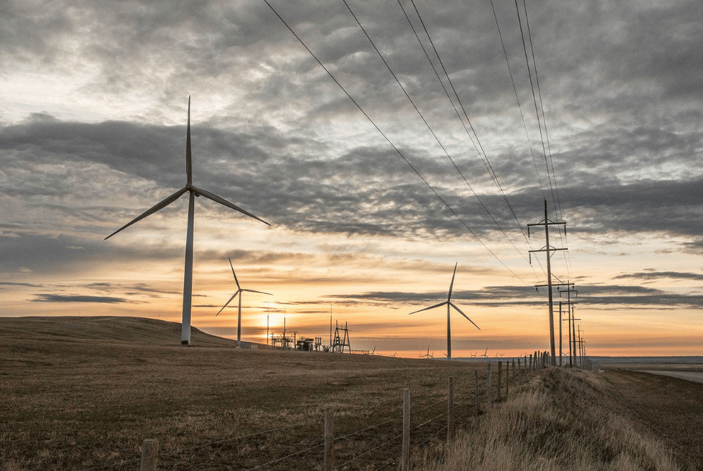 Wind turbines and power lines stretching across an open landscape at sunset beneath a cloudy sky.