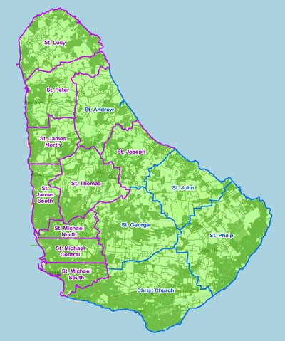 Parcel fabric map of Barbados showing property boundaries across all 11 parishes.
