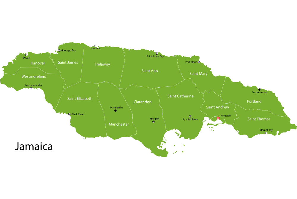 Map of Jamaica showing all 14 parishes, major cities, and Kingston marked as the capital.