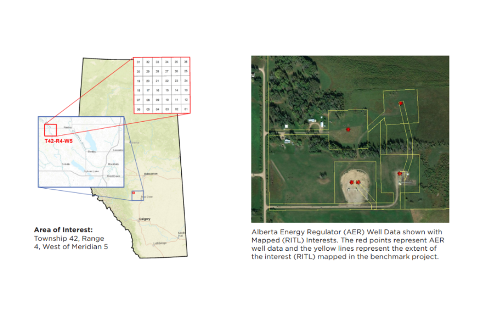 Map inset highlighting an area of interest in Alberta beside an aerial image with property boundary overlays and marked locations